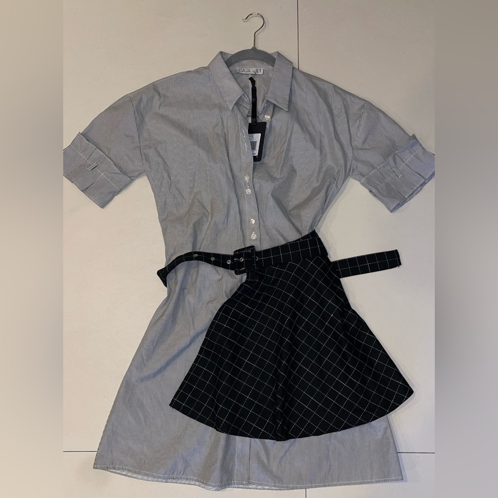 Blue Shirt Dress with Black Belted Skirt Overlay